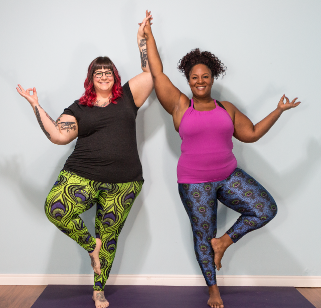 Amber Karnes and Dianne Bondy in tree pose.